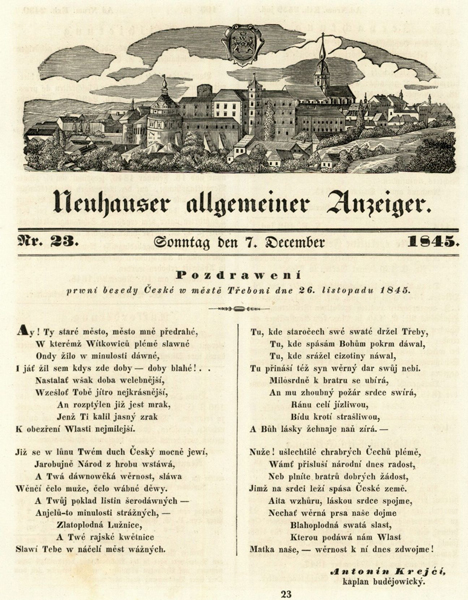 Neuhauser allgemeiner Anzeiger, Jindřichův Hradec 1845. Sbírka MJH, JK 2181