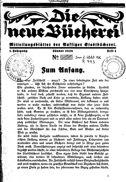 První číslo časopisu Die neue Bücherei, vydávaného německou knihovnou v Ústí n. L.
