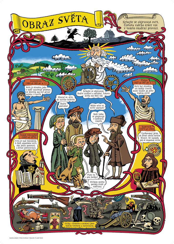 Panel z výstavy Komenský v komiksu na téma Obraz světa (Obr.: text Klára Smolíková, kresby Lukáš Fibrich)