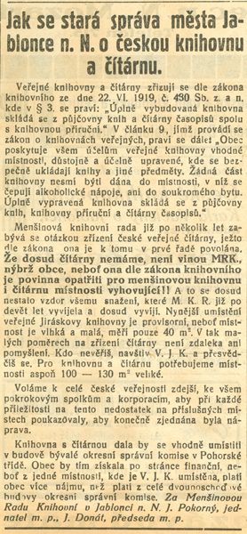 Výstřižek novinového článku, ve kterém jablonecká česká menšinová knihovní rada poukazuje na nevyhovující prostory knihovny a povinnost obce jí je zajistit