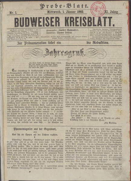 Budweiser Kreisblatt. Budweis: Felix Zdarssa, 1. 1. 1862. Dostupné z: https://kramerius.cbvk.cz/ uuid/uuid:544be87f-712c-11e7-ad4c-001b63bd97ba