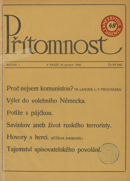 Přítomnost, roč. I., 4. 12. 1924. Knihovna Národního muzea, odd. časopisů, sign. Z 6 G 1 (Foto: Knihovna Národního muzea)