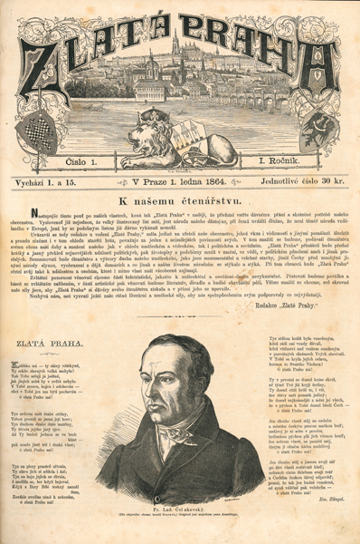 Zlatá Praha, roč. I., 1. ledna 1864, č. 1. Knihovna Národního muzea, oddělení časopisů, sign. Z 9 D 13 (Foto: Knihovna Národního muzea)