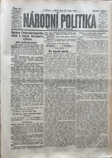 Národní politika, ročník XXXVI, č. 250, 29. října 1918; Knihovna Národního muzea, odd. časopisů, sign. Z 17 (Foto: Knihovna Národního muzea)