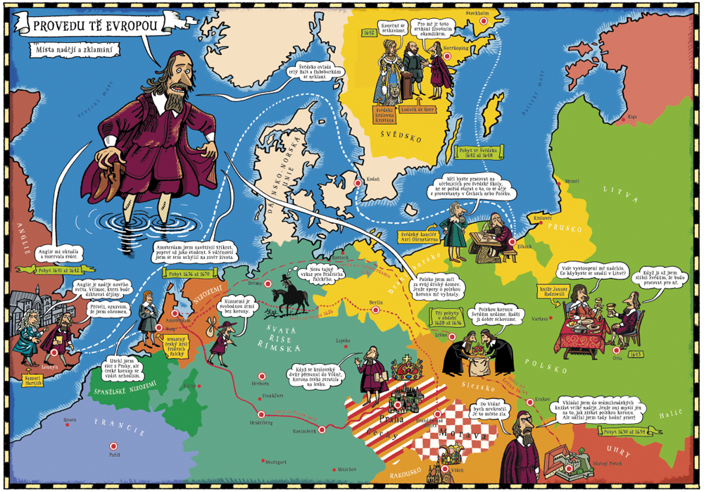 Komiksový panel na téma Provedu tě Evropou z výstavy Komenský v komiksu (Obr.: text Klára Smolíková, kresba Lukáš Fibrich)