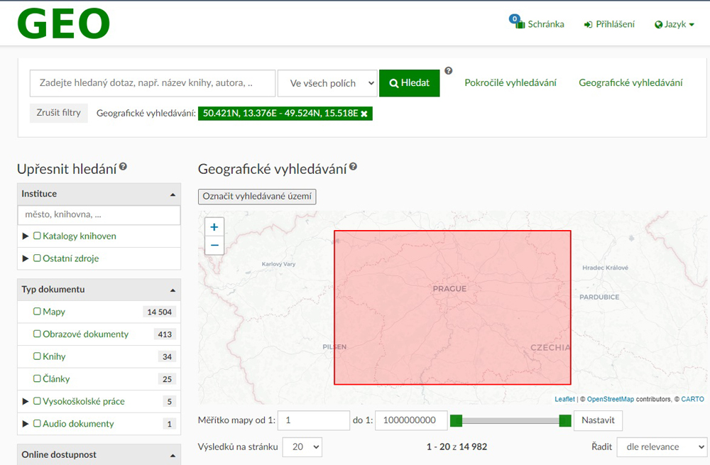 Ukázka geografického vyhledávání (zdroj Geo.knihovny.cz)