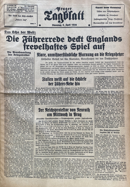 Prager Tagblatt, 4. dubna 1939, č. 80. Knihovna Národního muzea, oddělení časopisů, sign. 33 (Foto: Knihovna Národního muzea)