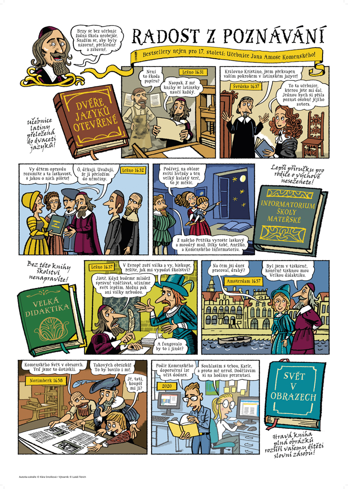 Panel z výstavy Komenský v komiksu na téma Radost z poznávání, text Klára Smolíková, kresby Lukáš Fibrich