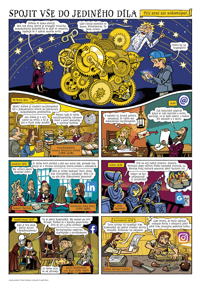 Komiksový panel na téma Spojit vše do jediného díla z výstavy Komenský v komiksu (Obr.: text Klára Smolíková, kresba Lukáš Fibrich)