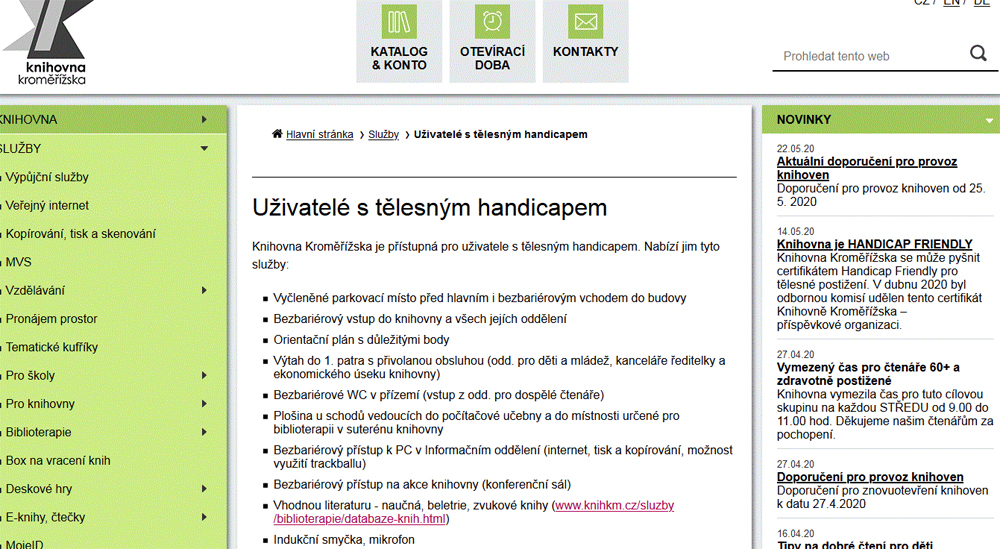 Výstřižek webové stránky knihovny, záložka Uživatelé s tělesným postižením